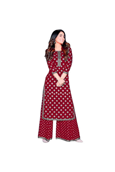 MYSMAR Maroon Rayon Print Kurti & Plazzo Set - HRT5963 | Maroon-Size:XL-42-In...