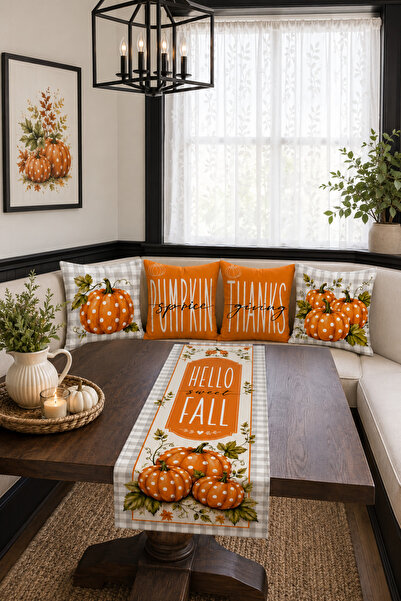 HOMESSA Hello Fall Turuncu Balkabağı Ekose 4’lü Kırlent Kılıfı Runner Seti