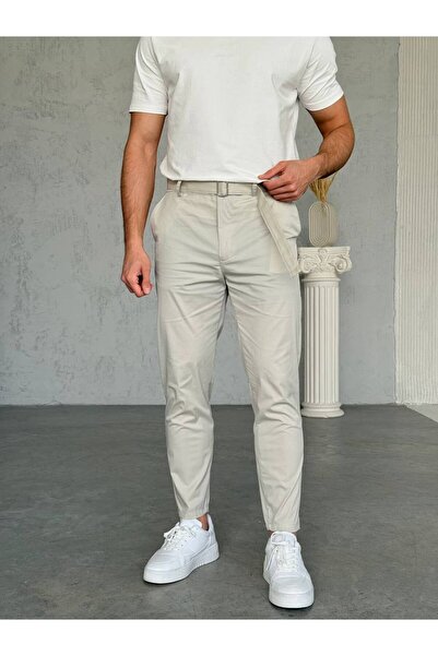 Erkek Bej Jogger Pantolon Regular Fit Düz Paça Cepli Günlük Rahat Kesim