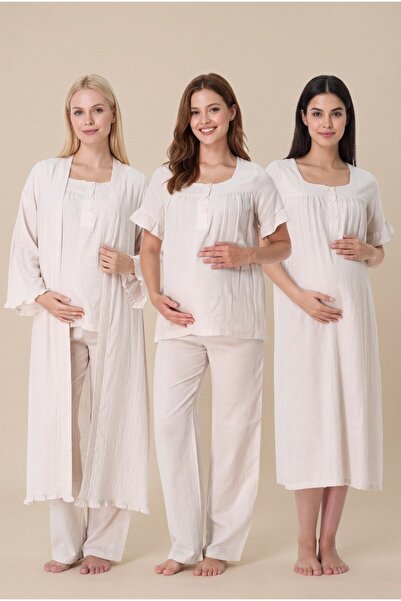 LOHOUSE Women's Light Beige Muslin Cotton Fabric Short Sleeve Buttoned Matern...