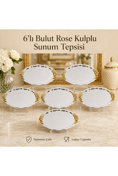 6'lı Gold Gül Kulplu-Bulut Gümüş Paslanmaz Çelik Kahve ve İkram Servis Sunum Tepsisi