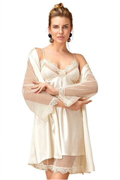 Nurteks Kadın Dantel Detaylı Saten Gecelik Ve Sabahlık Takımı Kimono Set