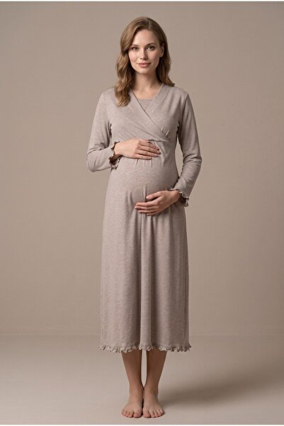 LOHOUSE Women's Beige Double-Breasted Collar Long-Sleeved Maternity Nightgown...