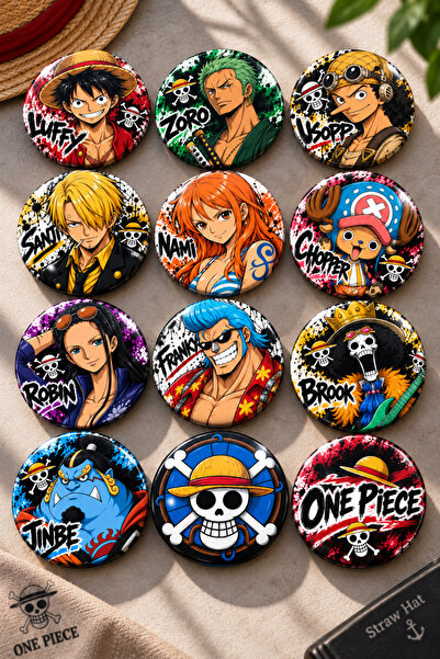 One Piece 58mm 12'li Rozet Seti Luffy Zoro Sanji Nami Usopp Chopper Robin Franky Brook Jinbe Anime Rozeti