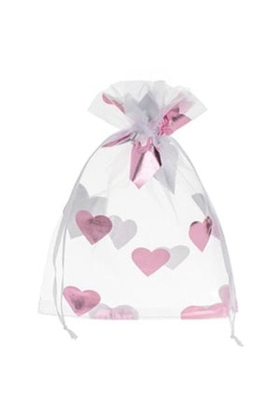 CBD CORAL BEST DEALS Saculet Organza Alb cu Inimi Roz din Folie 15x20cm, Poli...