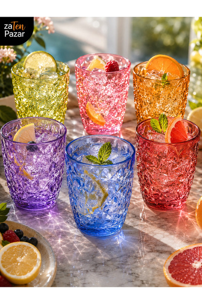 zaTen Pazar Set of 6 Colored Glass Cups 300 ml Crystal Cut Prism Patterned Water, Soft Drink and Cocktail Glass
