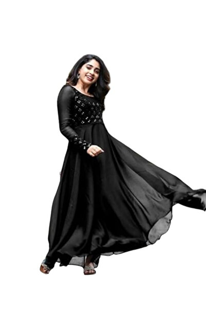 MYSMAR Black Faux Georgette Mirror Work Anarkali Gown - NJF8475 | Black-Size:...