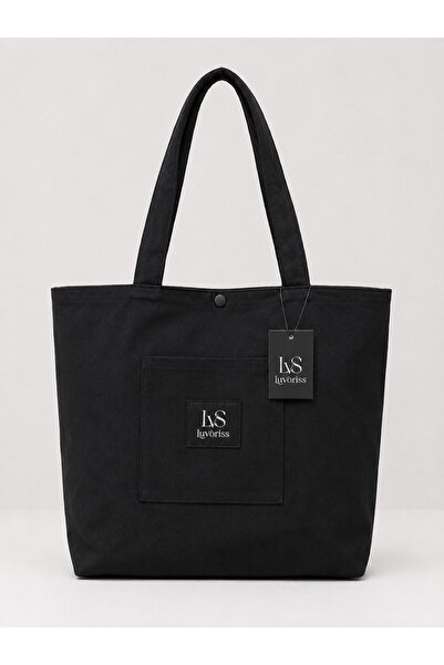 Lvs Luvoriss Siyah Kanvas Kumaş Ön Cepli Minimalist Tote Büyük Boy Çanta Kadı...