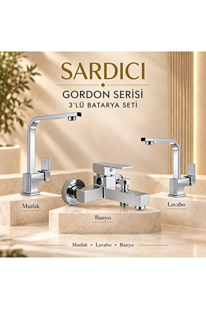 Sardıcı Gordon 3’lü Mutfak Lavabo Banyo Batarya Seti Pirinç Gövde Çift Su Gir...