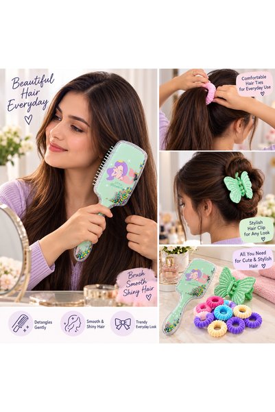 Home By SS 3-Piece Women's Hair Styling Set with Paddle Brush, Butterfly Hair Clip & Colorful Elastic Hair Ties