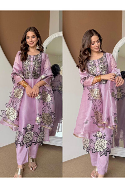 MYSMAR Purple JMC Silk Embroidered Suit Set - HRT8687 | Purple-Size:XL-42-Inches