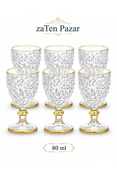 zaTen Pazar Set of 6 Gold Gilded Footed Coffee and Water Glasses 80 ml Crystal Cut Gold Liquor and Sherbet Glasses