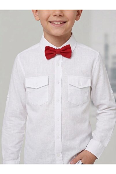 moda rüyası Red Bow Tie White Cotton Pocketed Boys' Shirt