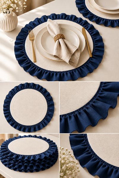 ZİLCA HOME Set of 6 Round Ruffled Plates – 33cm Fabric Placemats Cream
