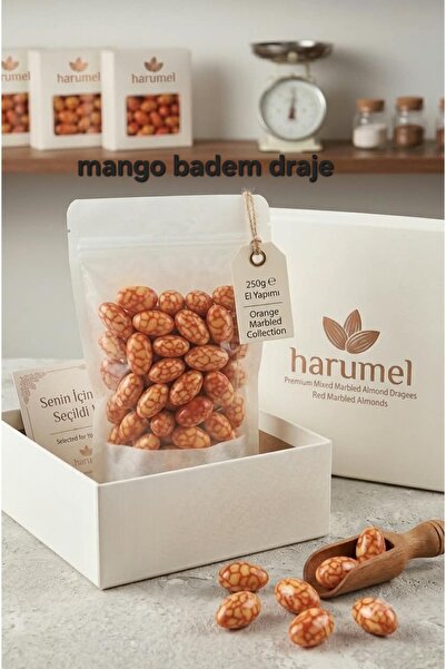 Harumel 1.sınıf lüks Premium MANGO Badem Draje 250 g - Glikozsuz Hediyelik-kahve yanı çikokatalı Draje