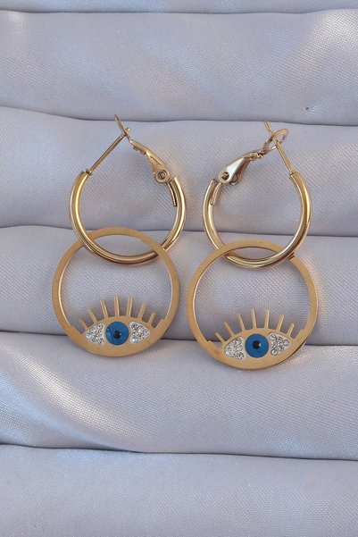 Livenda 316L Steel Gold Color Zircon Stone Blue Eye Design Hoop Earrings Tj-B...
