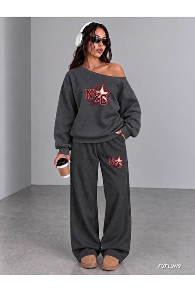 FUFLUNS Nyc Est Star Women's Boat Neck Sweatshirt/Top Track Suit Set