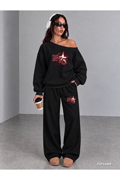 FUFLUNS Nyc Est Star Women's Boat Neck Sweatshirt/Top Track Suit Set