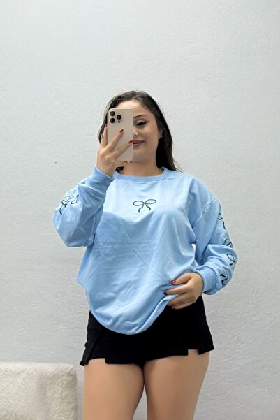 BELENDİR Women's 2 Thread Crew Neck Sweatshirt Baby Blue