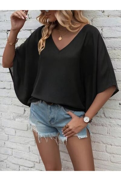 MYSSHOES Women's Short Sleeve V-Neck Loose Viscose Blouse