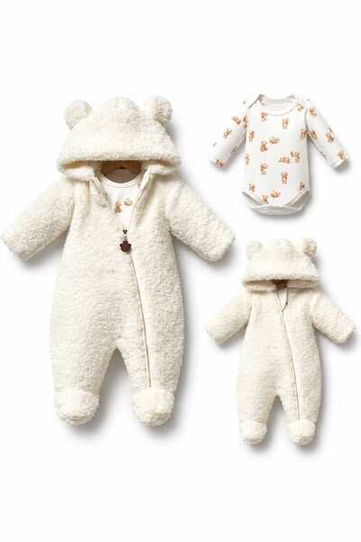 LİLİYUM Unisex Lüks Premium Teddy Bebek Tulum ve Uzun Kollu Zıbın Seti | Ayıc...