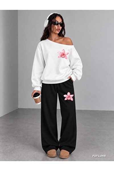 FUFLUNS Mini Flower Printed Women's Boat Neck Top/Sweatshirt Track Suit Set