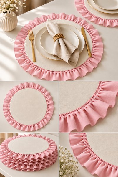 ZİLCA HOME Set of 6 Round Ruffled Plates – 33cm Fabric Placemats Cream