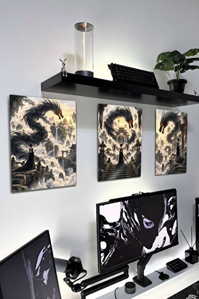 DekorHane Metal Baskı - Kara Ejderha Savaşçı Fantastik Evren Üçlü Tablo RPG O...