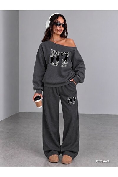 FUFLUNS Çi̇çekli̇ 07 Printed Women's Boat Neck Sweatshirt/Top Sweatpants Set