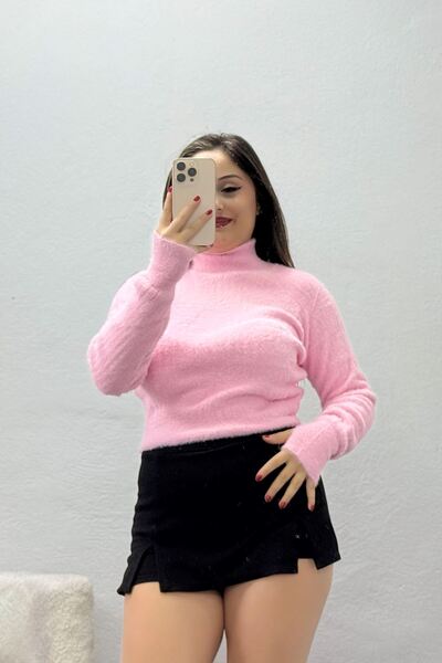 BELENDİR Women's Stand Collar Knitted Sweater Pink