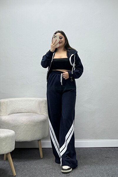 BELENDİR Women's Linen Striped 2 Thread Tracksuit Set Dark White