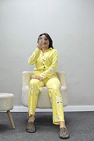 BELENDİR Women's Suede Buttoned Pajama Set Yellow