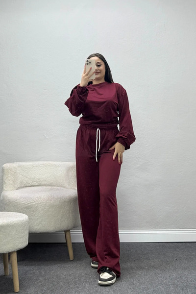 BELENDİR Women's 2 Thread Balloon Sleeve Gathered Tracksuit Set Burgundy