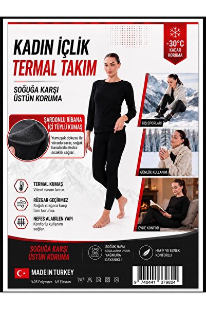 bykombincim Kışlık Kadın Içi Polarlı Siyah Termal Takım Içlik Pamuklu Içlik