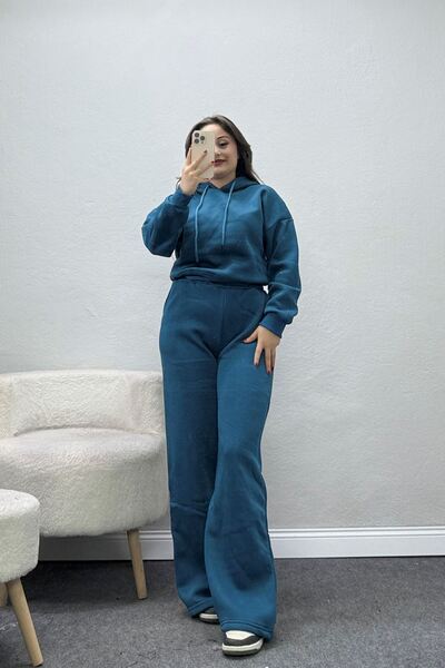 BELENDİR Women's 3 Thread Threaded Crop Tracksuit Set Petrol