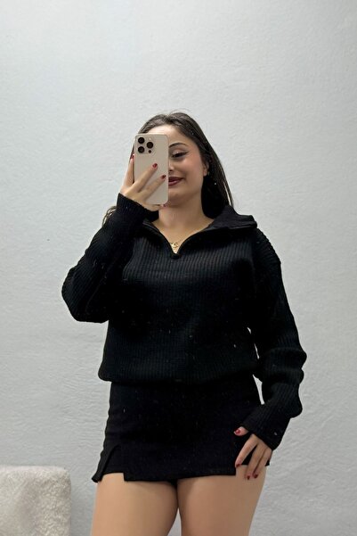 BELENDİR Women's Stand Collar Zippered Knitwear Sweater Black