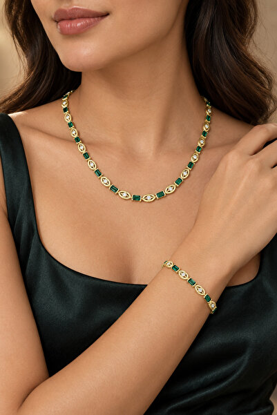 laria jewelry Yeşil Taşlı Gold Renk Detaylı Kolye Ve Bileklik Seti