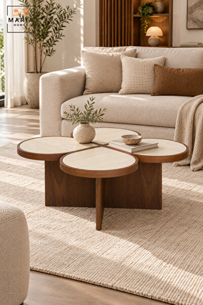 MARIA HOMES Modern Flower-Shaped Coffee Table with 4 Round Petal Tops, Wood F...