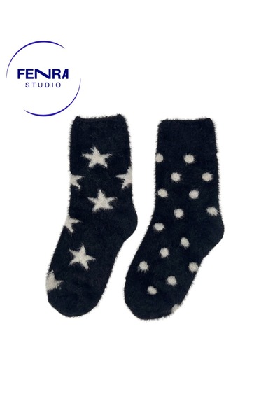 FENRA STUDIO Angora Plush Socks 2-Pack Black - Soft Textured Warm Winter Wome...
