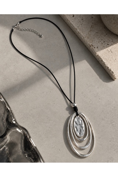FloresDeCarnaval Sculptural Silver Long Black Cord Necklace – Layered Oval Silver Color Statement Necklace