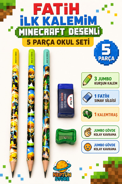 neptünstore Fatih Jumbo İlk Kalemim Minecraft 5’li Başlangıç Kalem Seti - Üçg...