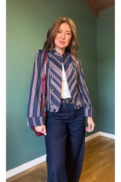 Aurélie Çizgili Napolyon düğmeli fit ceket