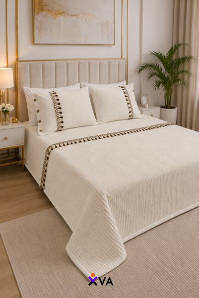 XVA Double Tasseled 100% Cotton Knitted Pique Set |   Bedspread |   2 Pieces with Tassel Pillowcases |   Tassel Design |   220X230 cm