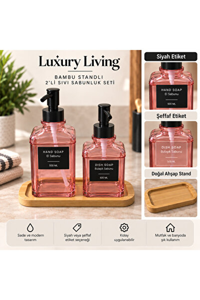lumo Luxury Living 2’li Pembe Cam Sıvı Sabunluk Seti – 500 ml + 250 ml, Siyah...