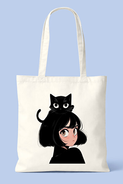 Hayali Şeyler Black Cat – Siyah Kedi ve Kız Desenli Bez Çanta