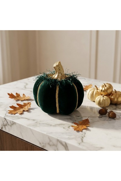Ornament24 Dovleac decorativ din catifea verde cu sclipici si dungi aurii, de...