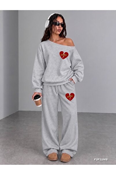 FUFLUNS Damen-Sweatshirt-Set mit bedrucktem „Wounded Heart“-Muster und Rundha...