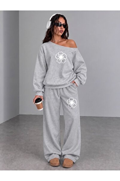FUFLUNS Drawing Flower Printed Women's Boat Neck Top/Sweatshirt Track Suit Set