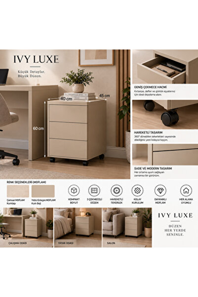 Genel Markalar IVY LUXE 3 Çekmeceli Keson 40x45x60 cm Tekerlekli Ofis ve Çalı...