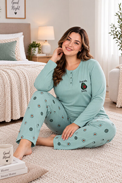 KZY ELİZ Kadın Büyük Beden Yakası Düğmeli Uzun Kollu Pijama Takımı KZY3000